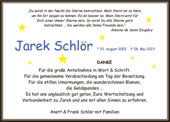 Traueranzeige von Jarek Schlör von Camberger Anzeiger