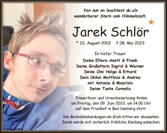 Traueranzeige von Jarek Schlör von Camberger Anzeiger