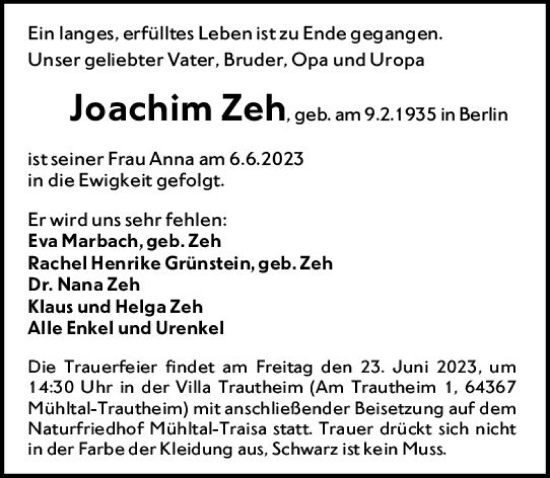 Traueranzeige von Joachim Zeh von Darmstädter Echo