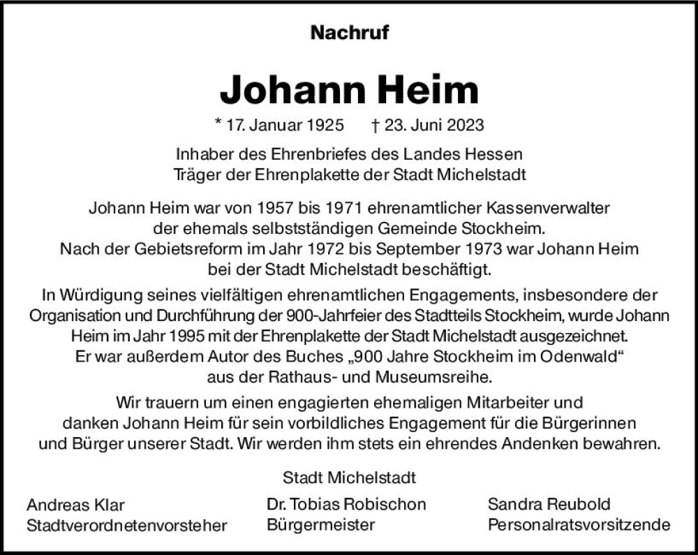  Traueranzeige für Johann Heim vom 30.06.2023 aus Odenwälder Echo