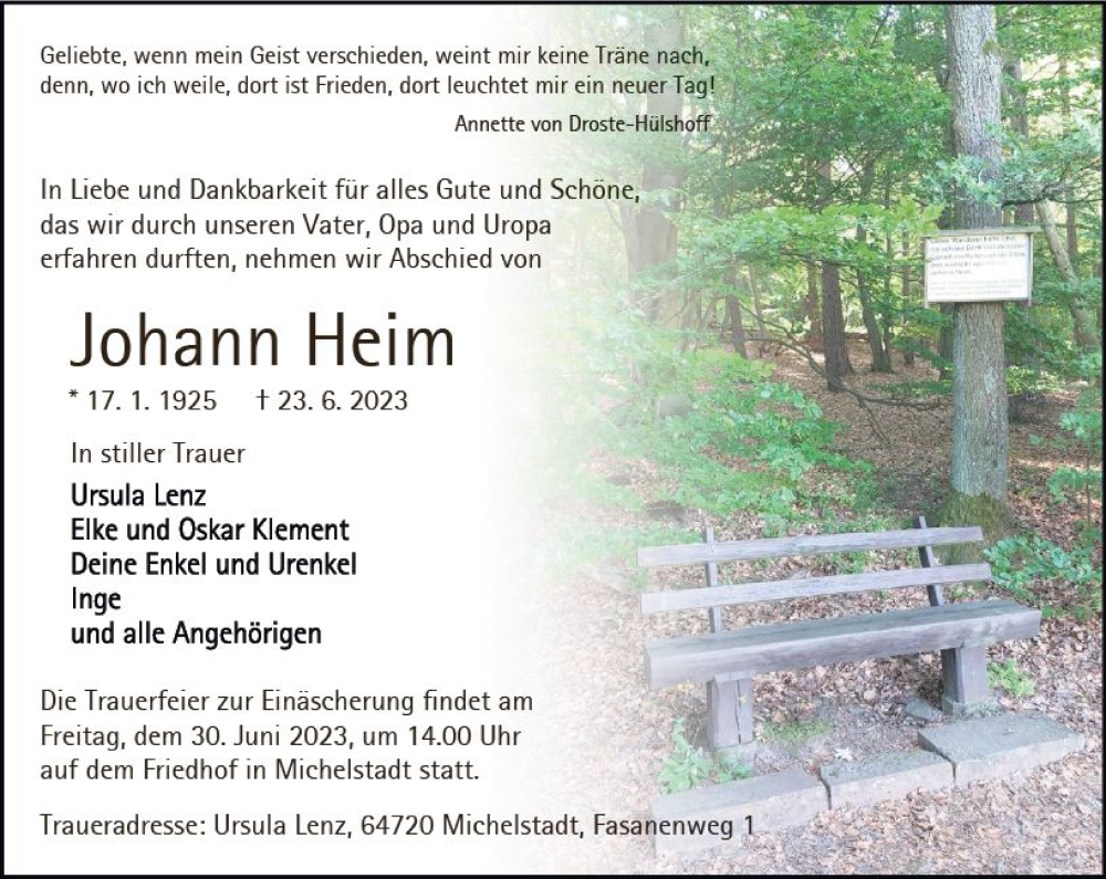  Traueranzeige für Johann Heim vom 28.06.2023 aus Odenwälder Echo