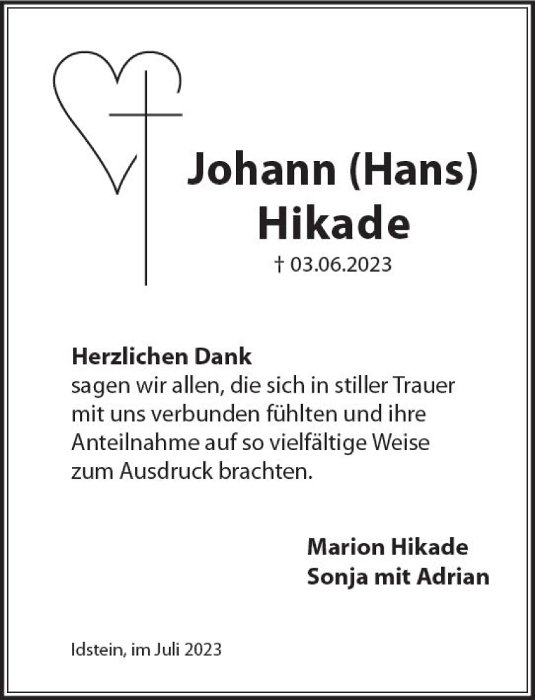  Traueranzeige für Johann Hikade vom 01.07.2023 aus Wiesbadener Kurier