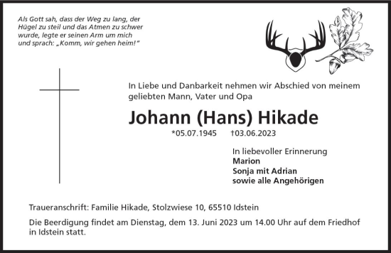 Traueranzeige von Johann Hikade von Wiesbadener Kurier