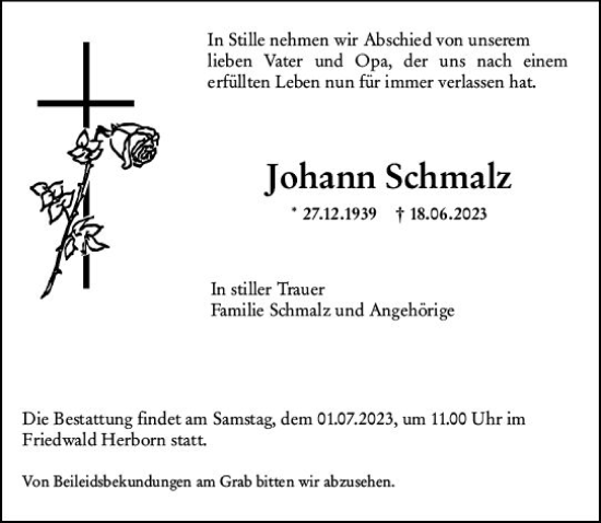 Traueranzeige von Johann Schmalz von Dill Block