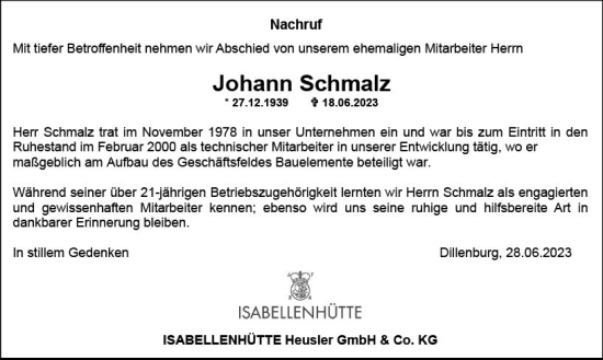 Traueranzeige von Johann Schmalz von Dill Block