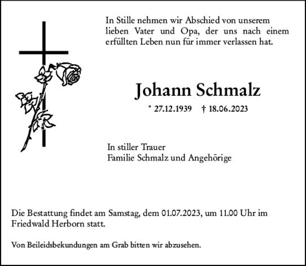  Traueranzeige für Johann Schmalz vom 22.06.2023 aus Dill Block