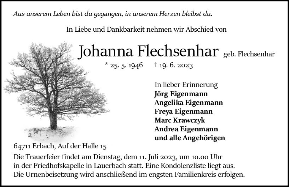  Traueranzeige für Johanna Flechsenhar vom 01.07.2023 aus Odenwälder Echo