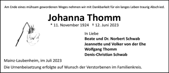 Traueranzeige von Johanna Thomm von Allgemeine Zeitung Mainz