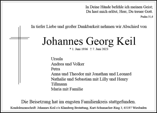 Traueranzeige von Johannes Georg Keil von Wiesbadener Kurier