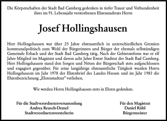 Traueranzeige von Josef Hollingshausen von Camberger Anzeiger