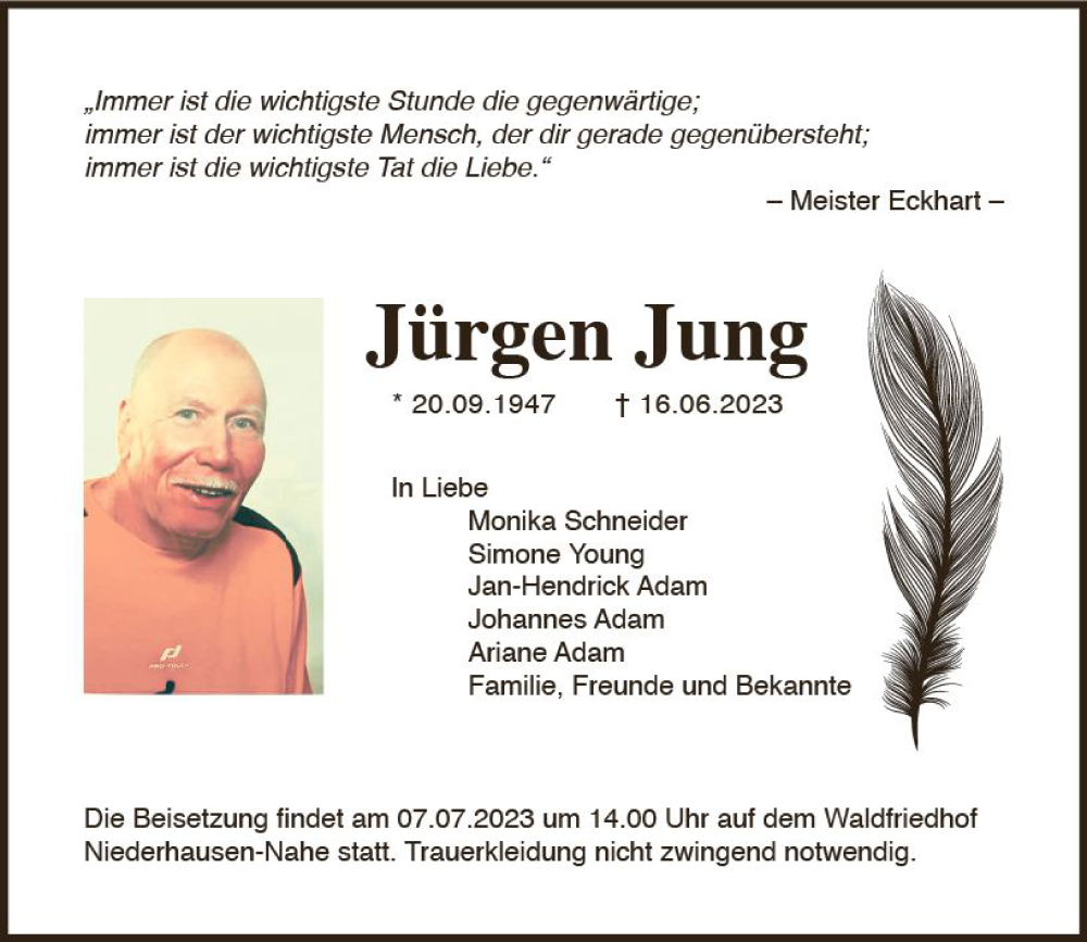  Traueranzeige für Jürgen Jung vom 01.07.2023 aus Allgemeine Zeitung Bad Kreuznach