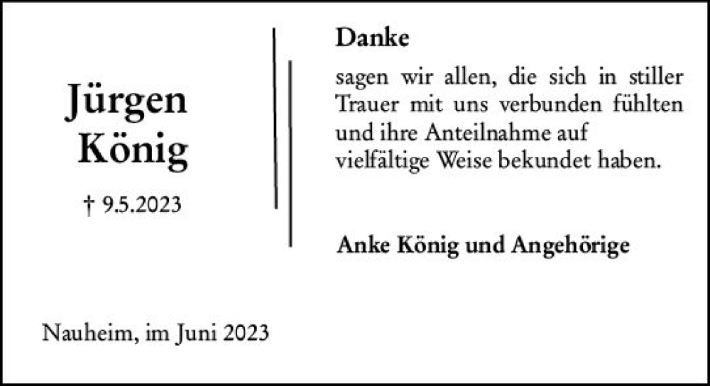  Traueranzeige für Jürgen König vom 24.06.2023 aus Rüsselsheimer Echo