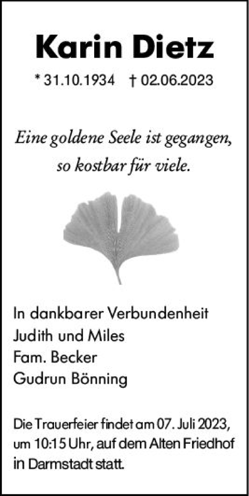Traueranzeige von Karin Dietz von Darmstädter Echo