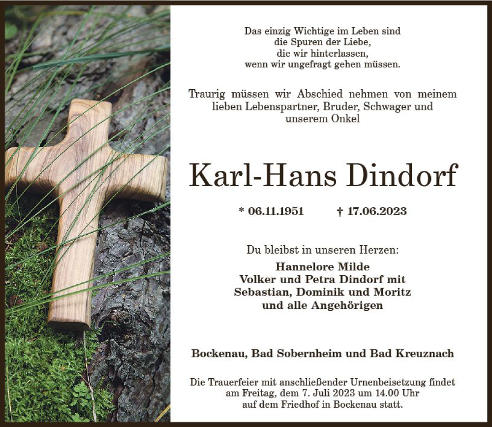  Traueranzeige für Karl-Hans Dindorf vom 01.07.2023 aus Allgemeine Zeitung Bad Kreuznach