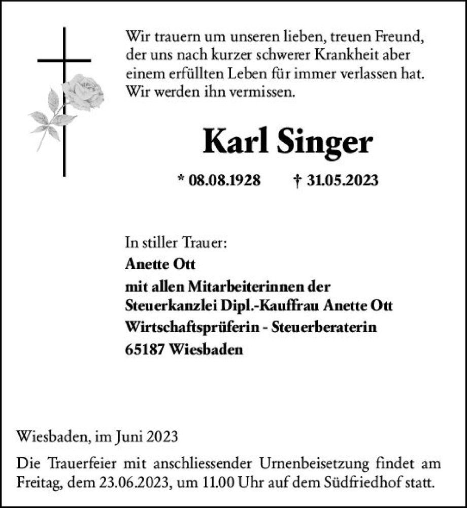  Traueranzeige für Karl Singer vom 17.06.2023 aus Wiesbadener Kurier