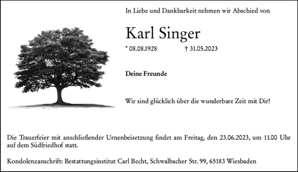  Traueranzeige für Karl Singer vom 17.06.2023 aus Wiesbadener Kurier