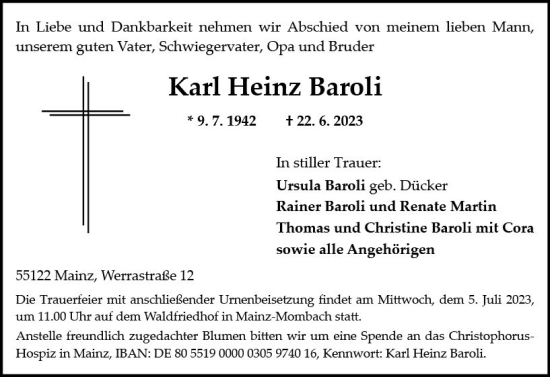 Traueranzeige von Karl Heinz Baroli von Allgemeine Zeitung Mainz