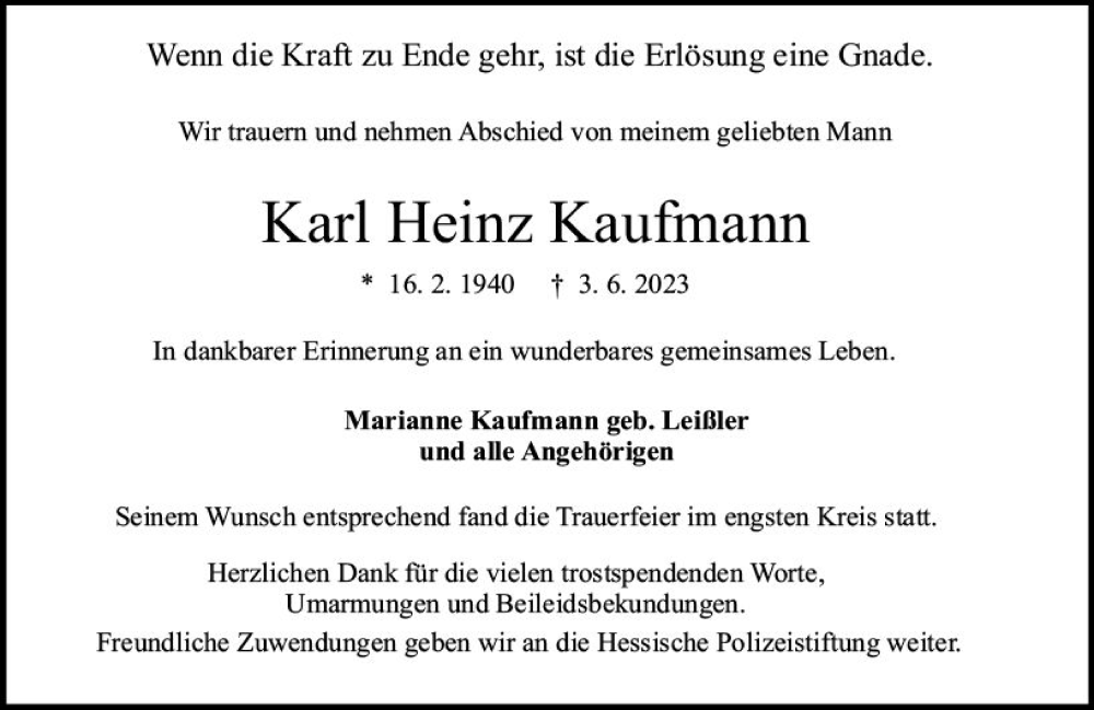  Traueranzeige für Karl Heinz Kaufmann vom 24.06.2023 aus Darmstädter Echo