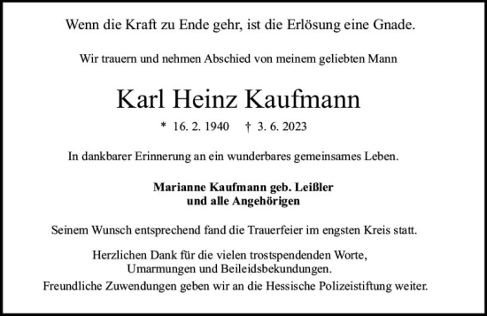 Traueranzeige von Karl Heinz Kaufmann von Darmstädter Echo