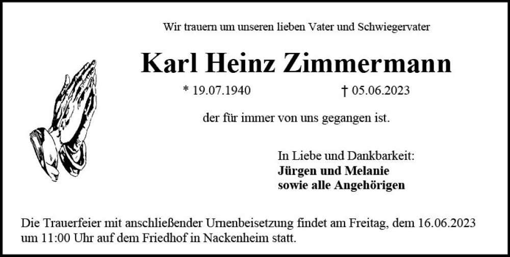  Traueranzeige für Karl Heinz Zimmermann vom 10.06.2023 aus Allgemeine Zeitung Mainz