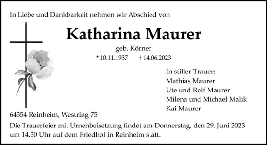 Traueranzeige von Katharina Maurer von Darmstädter Echo