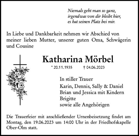 Traueranzeige von Katharina Mörbel von Allgemeine Zeitung Mainz