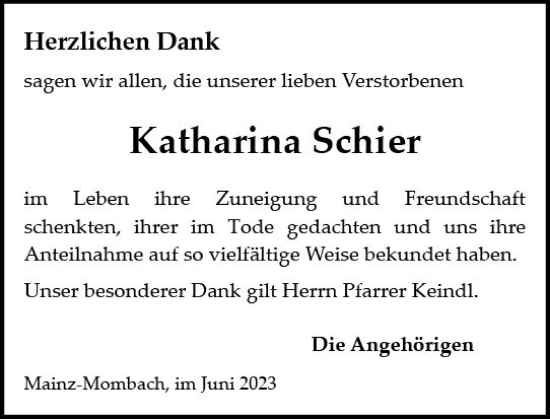 Traueranzeige von Katharina Schier von Allgemeine Zeitung Mainz