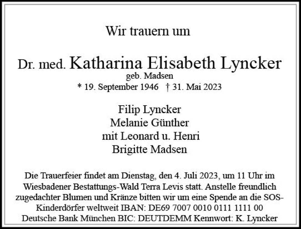  Traueranzeige für Katharina Elisabeth Lyncker vom 01.07.2023 aus Wiesbadener Kurier