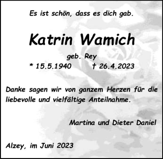 Traueranzeige von Katrin Wamich von Allgemeine Zeitung Alzey