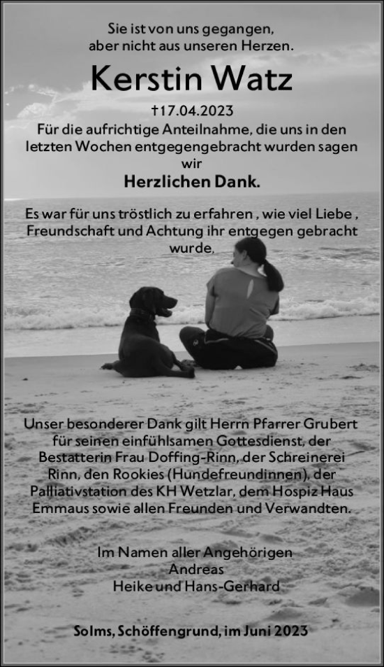 Traueranzeige von Kerstin Watz von Wetzlarer Neue Zeitung