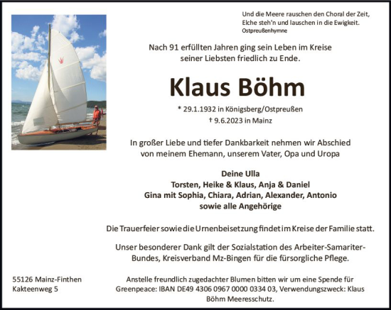 Traueranzeige von Klaus Böhm von Allgemeine Zeitung Mainz