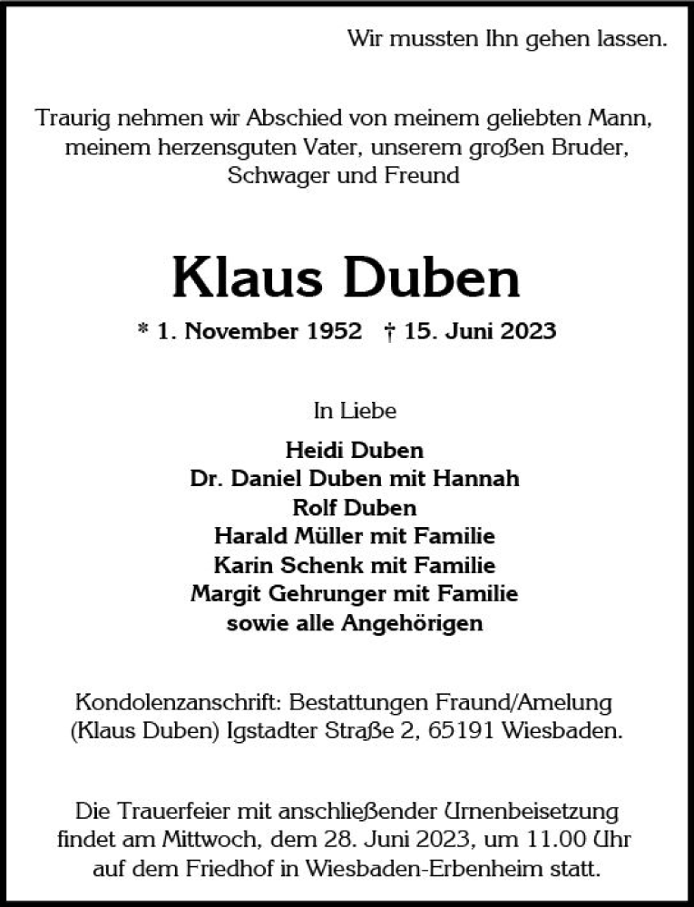  Traueranzeige für Klaus Duben vom 24.06.2023 aus Wiesbadener Kurier
