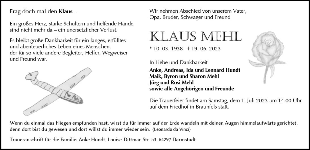  Traueranzeige für Klaus Mehl vom 28.06.2023 aus Wetzlarer Neue Zeitung