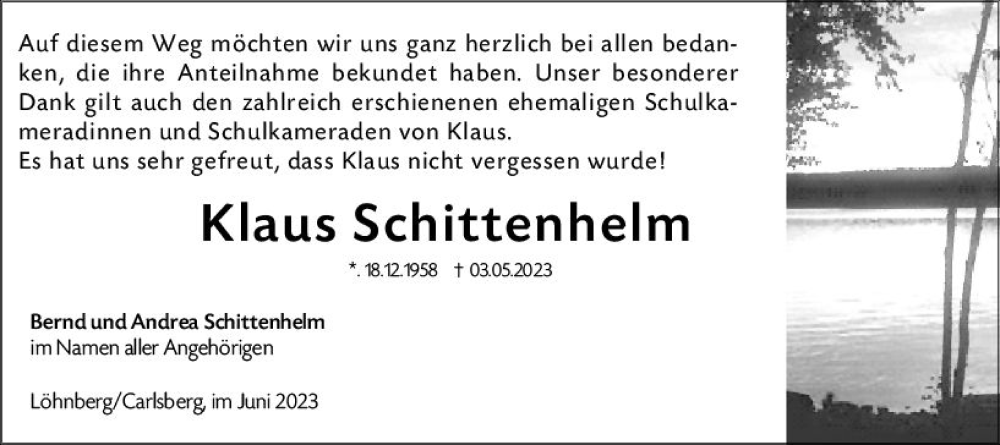  Traueranzeige für Klaus Schittenhelm vom 17.06.2023 aus Weilburger Tageblatt