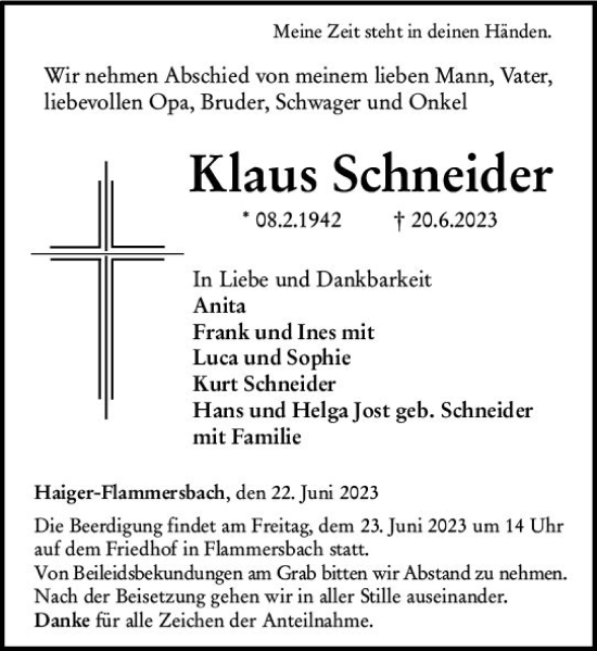 Traueranzeige von Klaus Schneider von Dill Block
