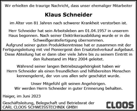 Traueranzeige von Klaus Schneider von Dill Block