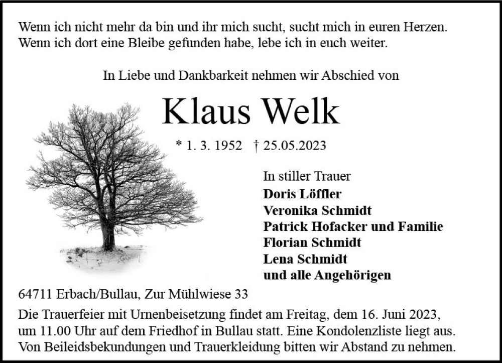  Traueranzeige für Klaus Welk vom 10.06.2023 aus Odenwälder Echo