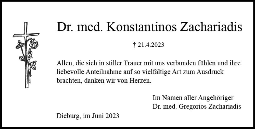  Traueranzeige für Konstantinos Zachariadis vom 24.06.2023 aus Dieburger Anzeiger/Groß-Zimmerner Lokal-Anzeiger