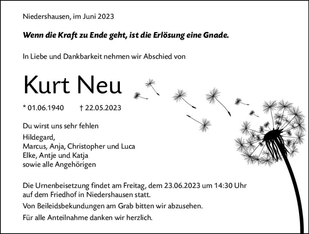  Traueranzeige für Kurt Neu vom 19.06.2023 aus Weilburger Tageblatt