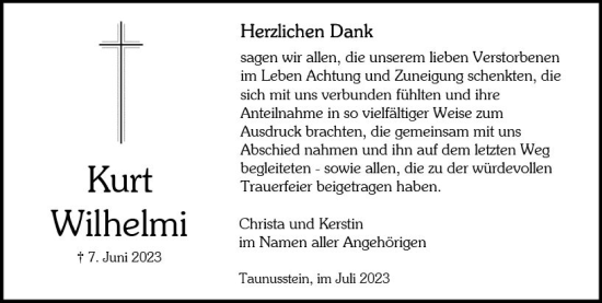 Traueranzeige von Kurt Wilhemi von Wiesbadener Kurier