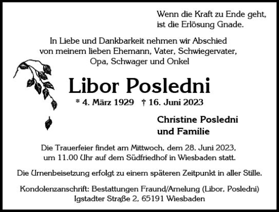 Traueranzeige von Libor Posledni von Wiesbadener Kurier