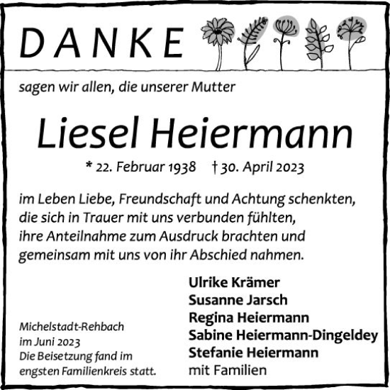 Traueranzeige von Liese Heiermann von Odenwälder Echo