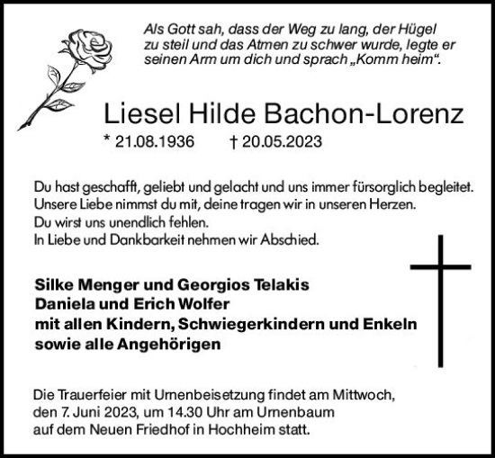 Traueranzeige von Liesel Hilde Bachon-Lorenz von Wiesbadener Kurier