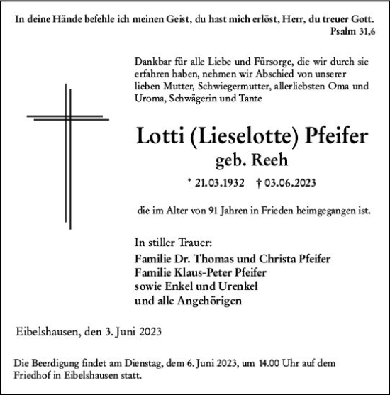 Traueranzeige von Lieselotte Pfeifer von Dill Block