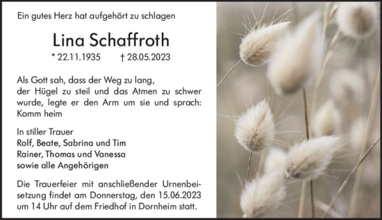 Traueranzeige von Lina Schaffroth von Groß-Gerauer Echo