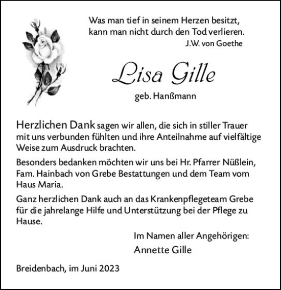 Traueranzeige von Lisa Gille von Hinterländer Anzeiger