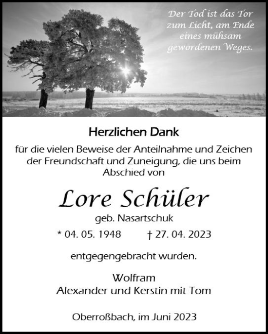 Traueranzeige von Lore Schürer von Dill Block