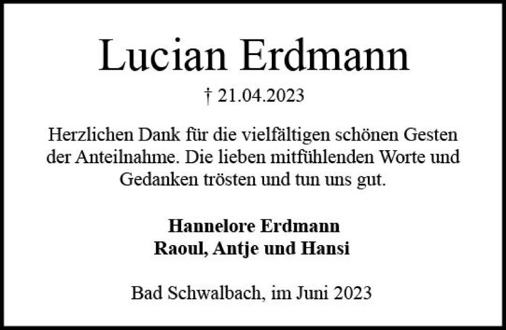  Traueranzeige für Lucian Erdmann vom 03.06.2023 aus Wiesbadener Kurier