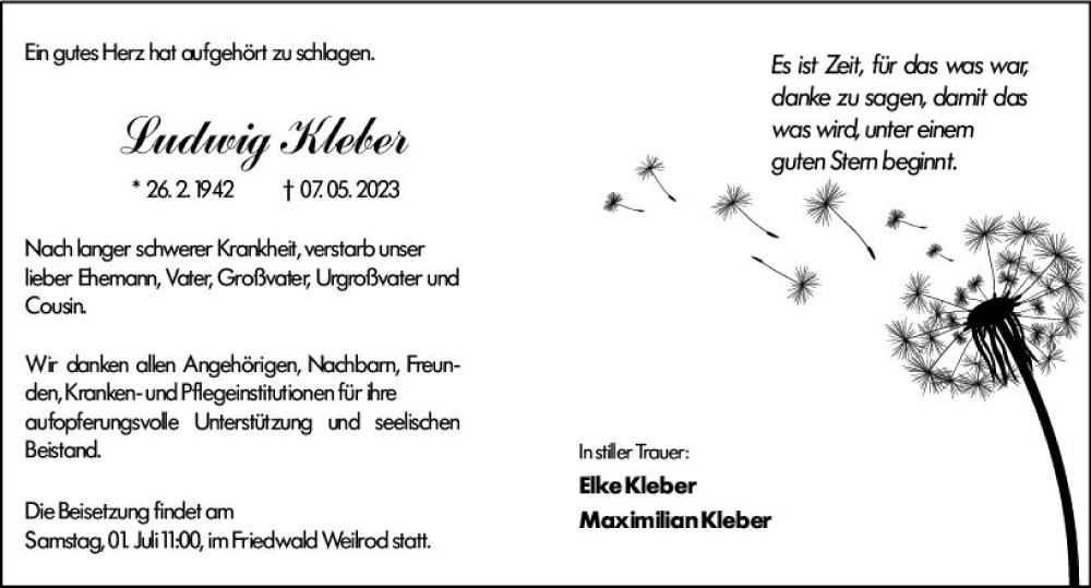  Traueranzeige für Ludwig Kleber vom 05.06.2023 aus Weilburger Tageblatt