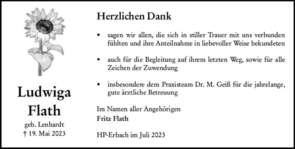  Traueranzeige für Ludwiga Flath vom 01.07.2023 aus Starkenburger Echo